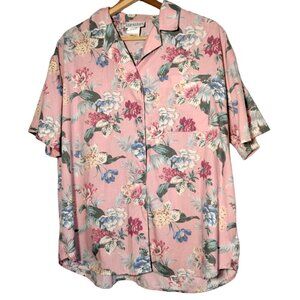 Jantzen Petite Blouse Size L Pink Floral Short Sleeve Shirt Cottagecore Flowers